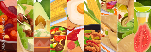 Mexican cuisine tex mex food collage. Vector panorama of latin american dishes. Banner with bean soup, chili pepper, corn, nachos with guacamole sauce, tequila, burritos, taco, guava and avocado fruit