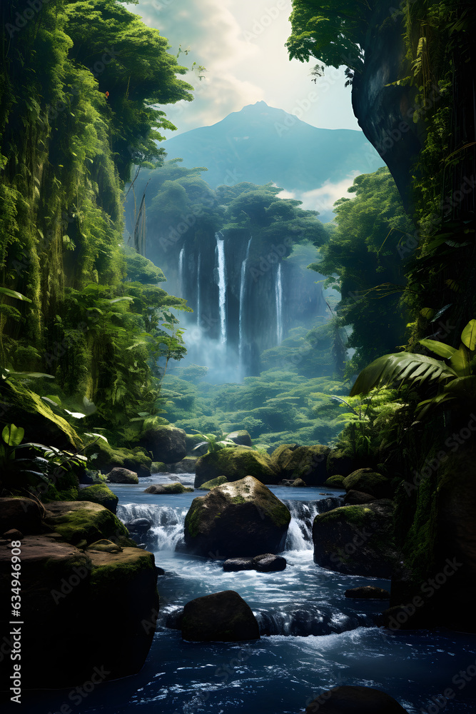 Fototapeta premium Waterfall in rainforest, beautiful landscape, nature background. Fantastic scene