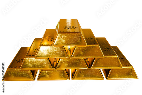 Close up Stacks of pure gold bar isolated on transparent  background. Represent business and finance concept idea.