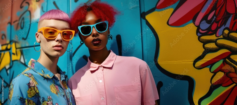 Two teenage girls with vibrant dyed hair posing in front of a graffiti wall, showcasing their authentic personalities through trendy hairstyles and pop colorism sunglasses - obrazy, fototapety, plakaty 