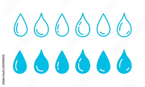 Set of blue water drops, splash, drips of paint, pouring water, spray icons