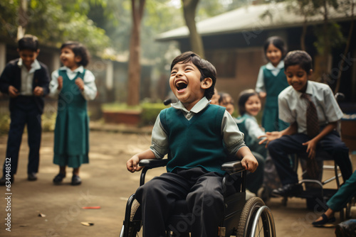 A Indonesian disability kid in student uniform playing with other kids in school yard