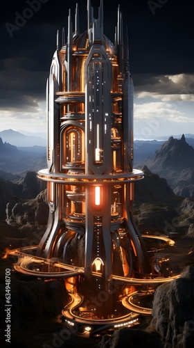 futuristic sci-fi city with skyscraper, illustration, Generative AI
