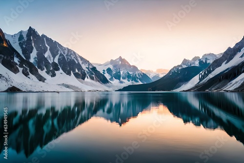 A faultless snow capped lake settled internal parts the center of towering ice sheets and snow capped peaks. Creative resource, AI Generated © DEER FLUFFY