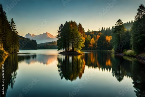 Show a calm lake or lake reflecting the heavenliness of the passing year and the freshness of the appear day one. Creative resource  AI Generated