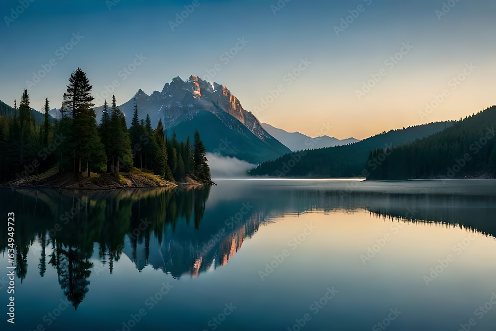 A cloudiness secured mountain lake with evergreen trees reflected on its sparkly surface. Creative resource, AI Generated