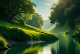 A calm stream tenderly winding through a lavish green scene with overhanging trees. Creative resource, AI Generated