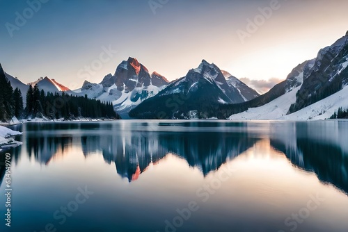 Snow capped mountain crests rising over a solidified lake, making a magnificent vista. Creative resource, AI Generated
