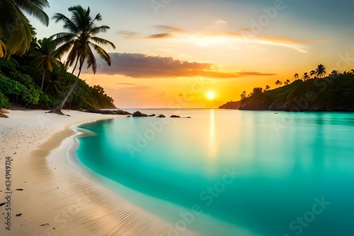 A tropical heaven with palm trees, white sandy shoreline, and turquoise waters. Creative resource, AI Generated