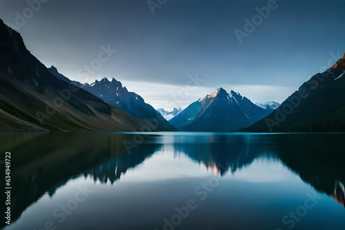 A calm lake reflecting the brilliant mountain peaks that cement it. Creative resource  AI Generated