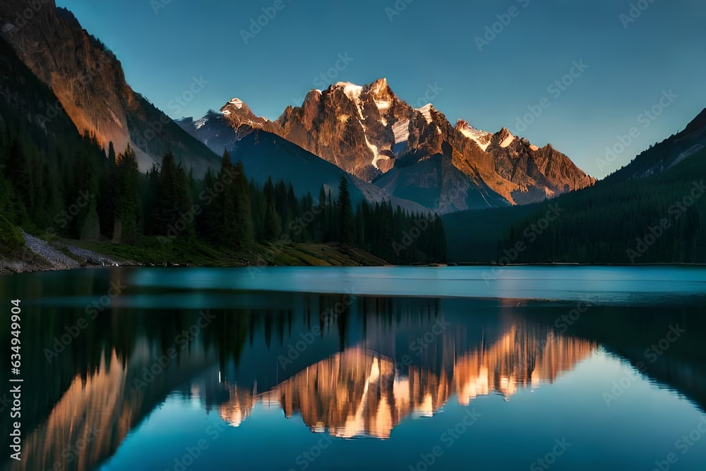 A calm lake reflecting the encompassing mountains and sky like a reflect. Creative resource, AI Generated
