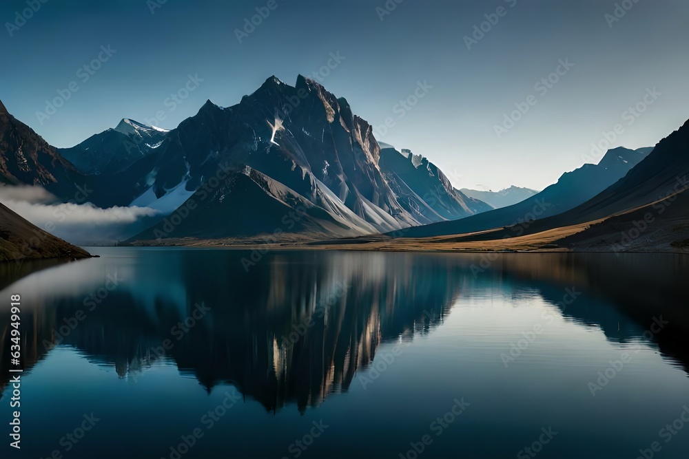 A calm lake reflecting the brilliant mountain peaks that cement it. Creative resource, AI Generated