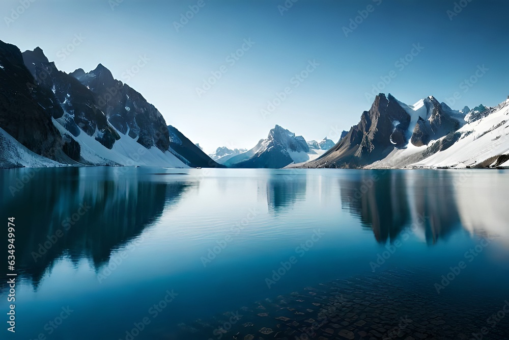 A idealize snow capped lake settled internal parts the center of towering ice sheets and snow capped peaks. Creative resource, AI Generated