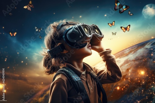 Girl wearing virtual reality headset. VR goggles innovation technology. Generative AI