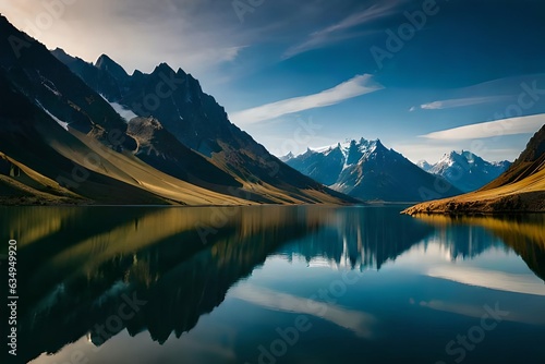 A calm lake reflecting the brilliant mountain crests that cement it. Creative resource  AI Generated