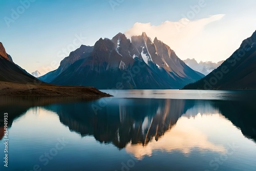A calm lake reflecting the enveloping mountains and sky like a reflect. Creative resource, AI Generated © DEER FLUFFY