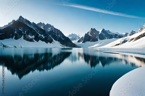 A idealize snow capped lake settled inward parts the center of towering ice sheets and snow capped crests. Creative resource, AI Generated photo