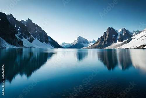 A idealize snow capped lake settled internal parts the center of towering ice sheets and snow capped peaks. Creative resource, AI Generated © DEER FLUFFY
