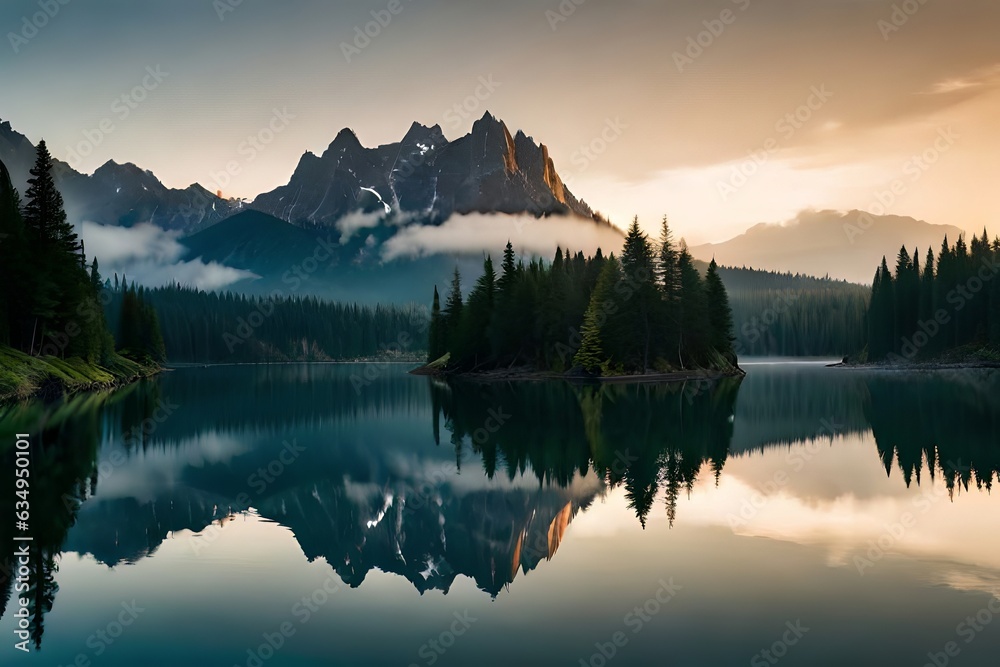 A cloudiness secured mountain lake with evergreen trees reflected on its sparkly surface. Creative resource, AI Generated A cloudiness secured mountain lake with evergreen trees reflected on its sparkly surface. Creative resource, AI Generated