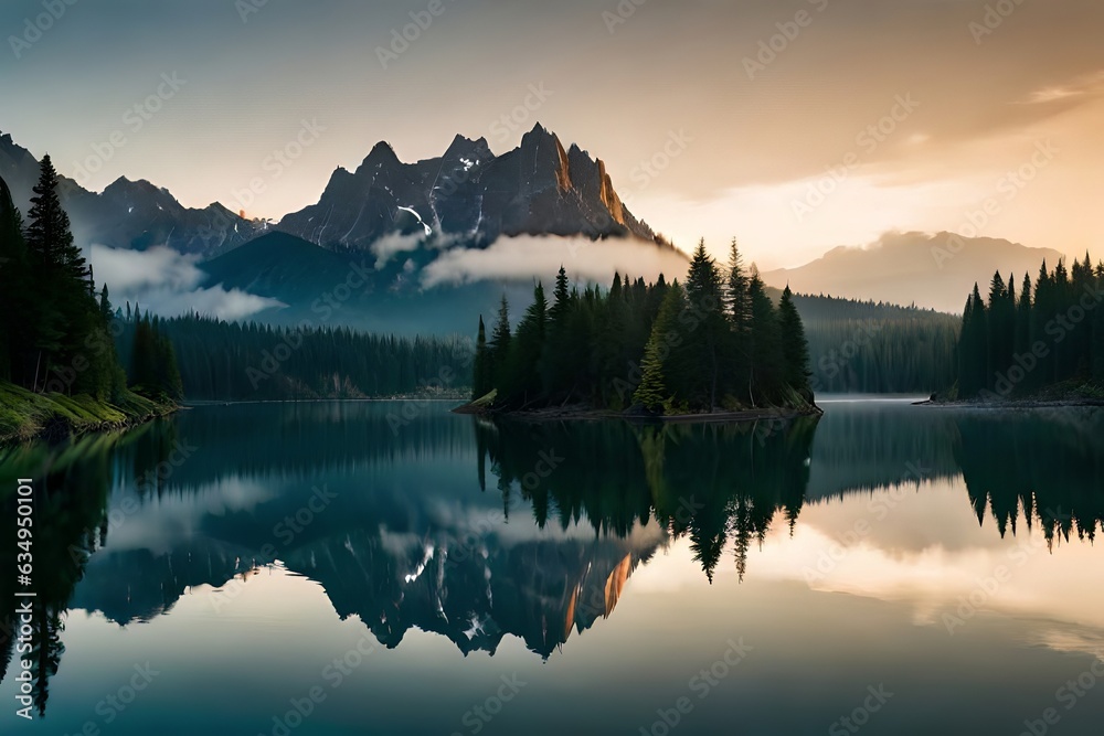 A cloudiness secured mountain lake with evergreen trees reflected on its sparkly surface. Creative resource, AI Generated