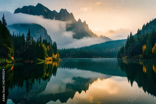 A cloudiness secured mountain lake with evergreen trees reflected on its sparkly surface. Creative resource, AI Generated