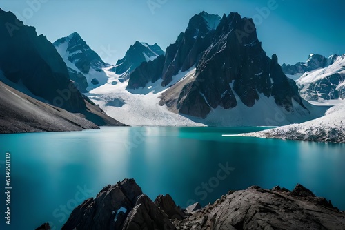 A idealize snow capped lake settled inward parts the center of towering ice sheets and snow capped peaks. Creative resource, AI Generated