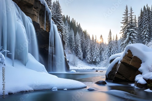 A set waterfall with icicles and snow secured rocks  capturing the center of winter. Creative resource  AI Generated