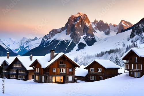 A beautiful elevated town secured in snow, with interesting houses and blanketed mountains within the scenery. Creative resource, AI Generated © DEER FLUFFY