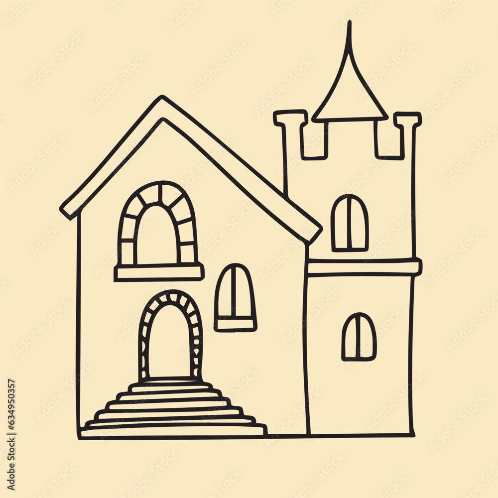 House in doodle style. Hand drawn castle for logo. House icon outline vector illustration. 