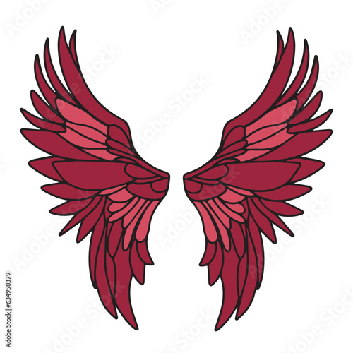 Angel wings colored outline. Hand drawn wings in doodle style isolated on white background. Wings icon decor. Vector illustraiton.