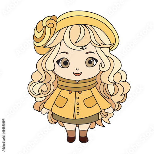 Cute girl colored outline. Hand drawn doll in doodle style isolated on white background. Toy doll girl icon decor. Vector illustraiton.