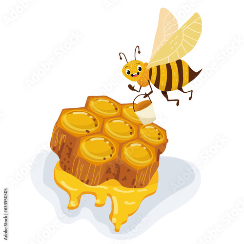 Fototapeta Naklejka Na Ścianę i Meble -  Vector illustration of a cartoon character of a bee with a honeycomb and a bucket.