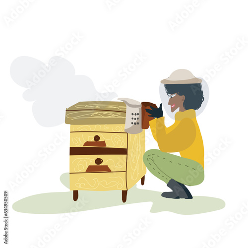 Vector illustration of cartoon character man, woman fumigates beehives with bees, beekeeping, honey.