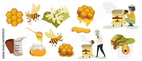 Set of vector illustrations, in cartoon style, characters of people, man, woman, bees, on the theme of honey, bees, beekeeping.