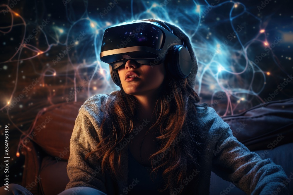 Girl wearing virtual reality headset. VR goggles innovation technology. Generative AI Girl wearing virtual reality headset. VR goggles innovation technology. Generative AI