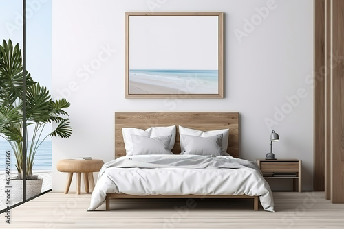 Coastal style modern bedroom interior design with blank mock up poster frame