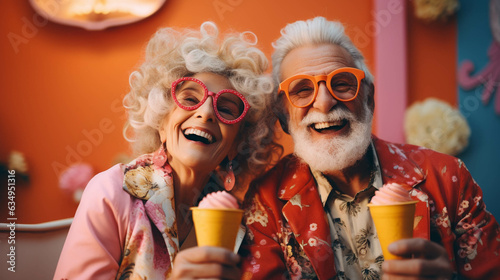 person with a glass of champagne old couple in restaurant icecream