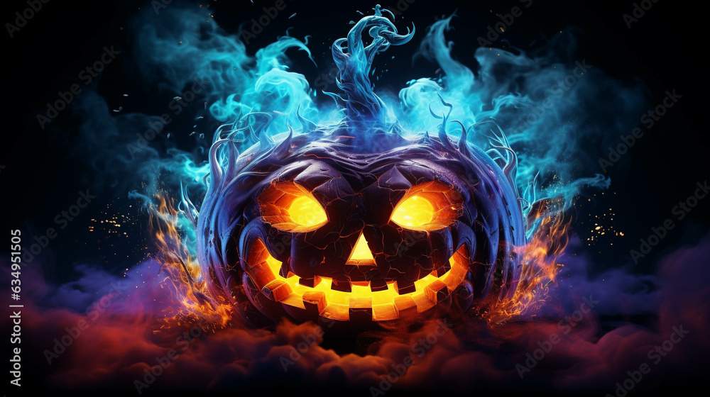 Naklejka premium halloween pumpkin, background with fire, halloween jack o lantern