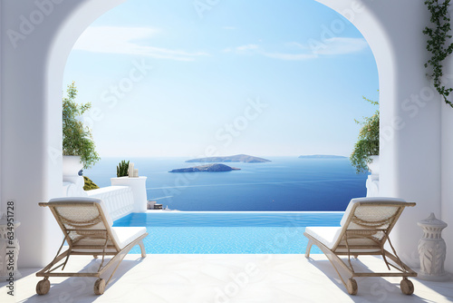 Two deck chairs on the terrace with pool and stunning sea views. Traditional Mediterranean white architecture