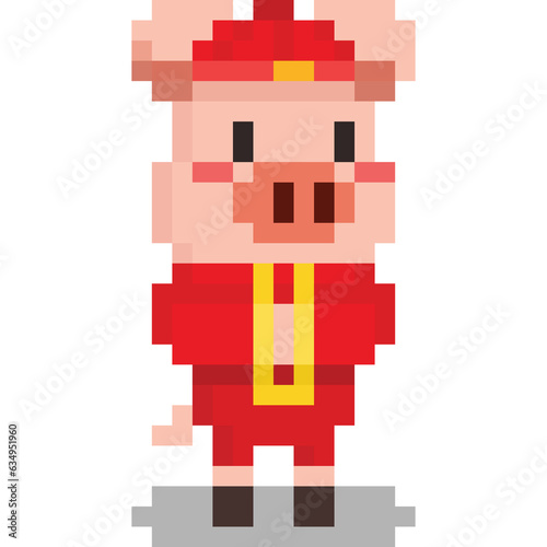 Pixel art cartoon pig man with red chinese cloth character
