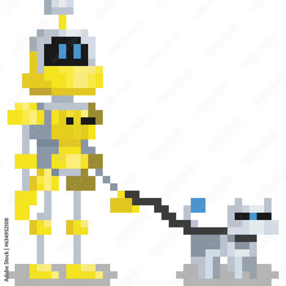 Obraz premium Pixel art robot character with robot dog