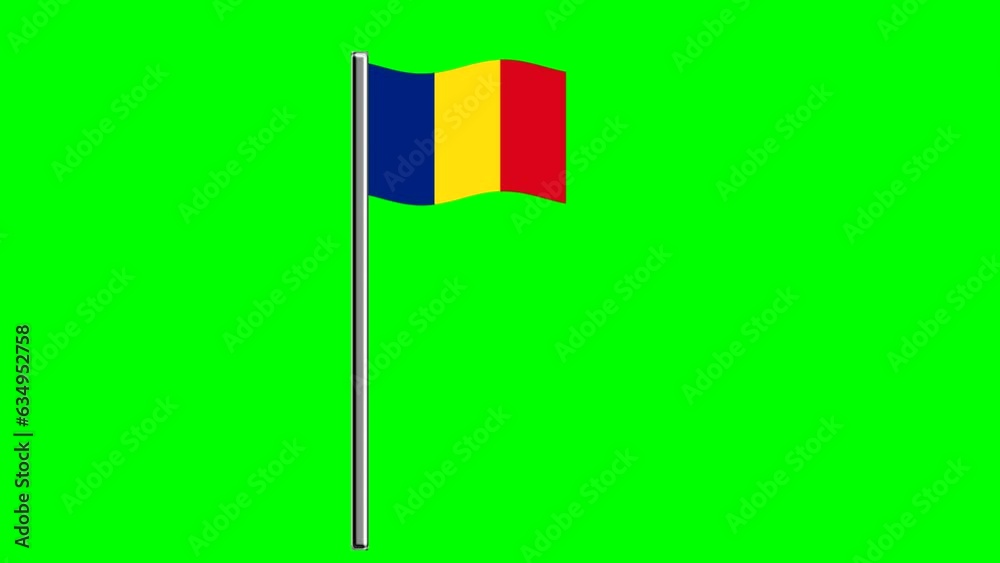 Wavy Romania flag with pole on green screen background Wavy Romania flag with pole on green screen background