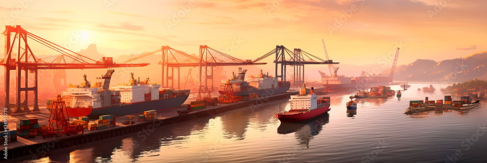 harbor at sunrise, with cargo ships waiting to be loaded, capturing the anticipation and movement that characterizes global trade.