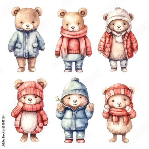 Cuddly Bear in Winter Attire: Watercolor Painting on White Background