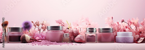 Luxury cosmetics set and brushes on pastel background horizontal Banner with copy space