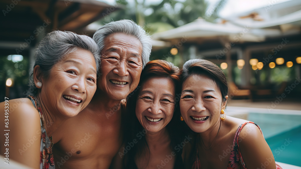 Fototapeta premium Happiness Asians friend senior elder travel in villa pool