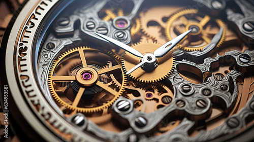 Gears and cogs in clockwork watch mechanism. Craft and precision - elegant detailed stainless steel and metal. photo