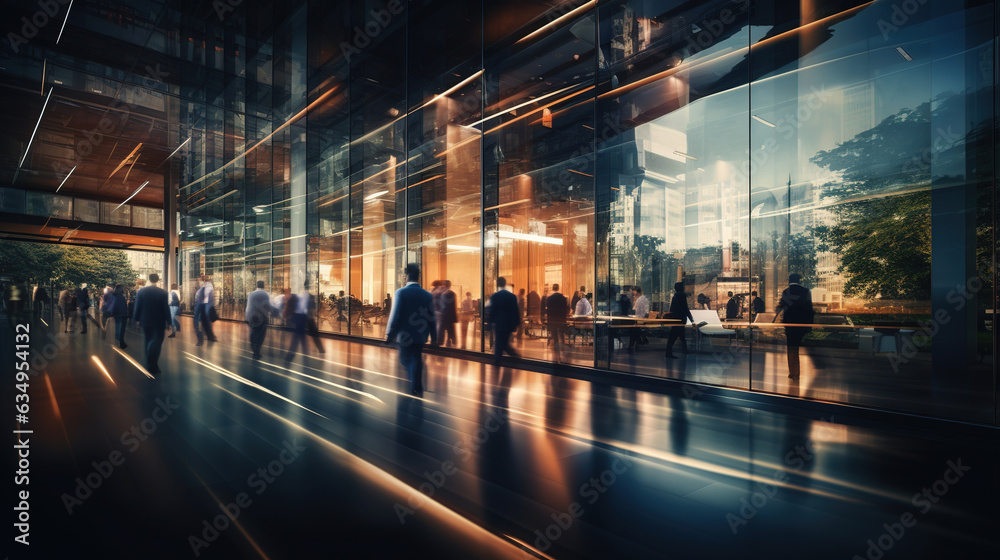 Blurred business people walk fast movement with meeting room in modern office building in dark tone Blurred business people walk fast movement with meeting room in modern office building in dark tone