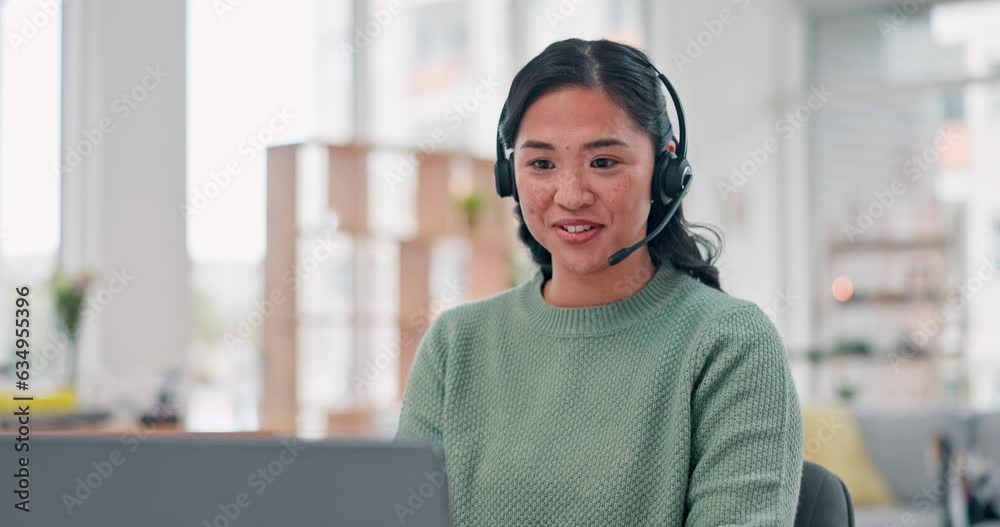 Woman, call center and work from home communication, customer support or e commerce service on computer. Asian person, agent or consultant talking, online advice and virtual information on laptop