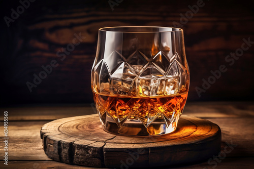Whiskey drinks. You need to drink whiskey with ice then the whiskey tastes better of an oak barrel. Alcoholic drink with ice whiskey or cognac close-up on the background of an oak barrel for aging.